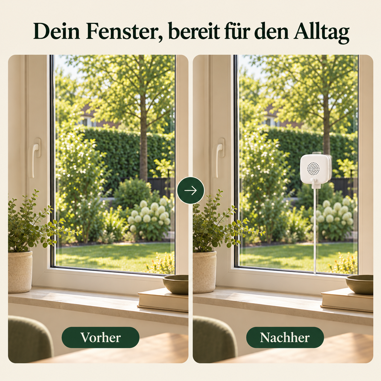 Gleicher Fensterplatz vor und nach dem Anbringen der Kamera, schematische Anwendung