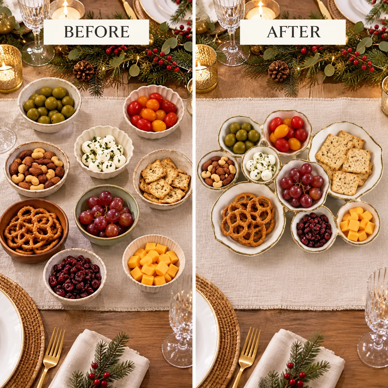 Separate snack bowls compared with one connected nine-bowl serving centerpiece