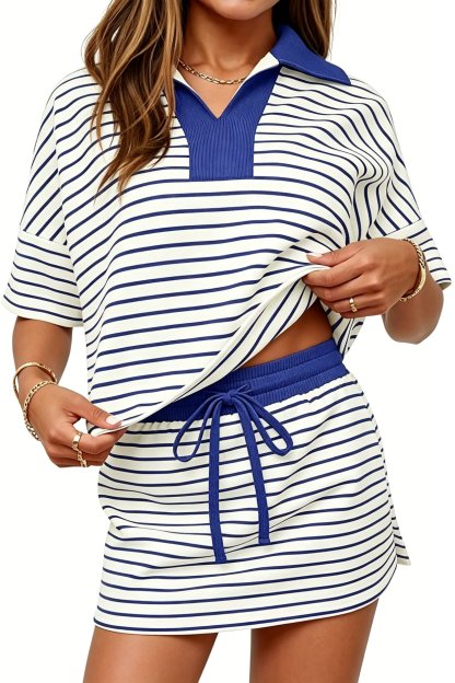 Striped Polo Top & Skort Lounge Set（Buy 2 Free Shipping）