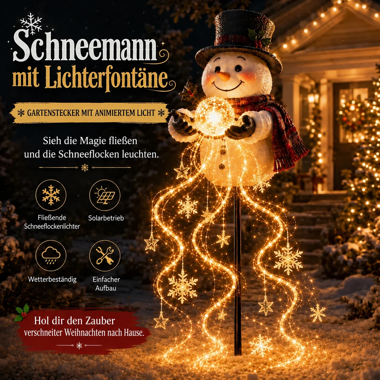 Solar-Weihnachtsgartenlicht mit Schneemann und magischem Fontäneneffekt