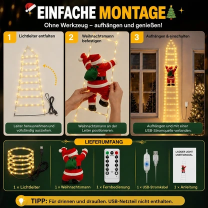 LED-Weihnachtsleiter mit kletterndem Weihnachtsmann und Fernbedienung