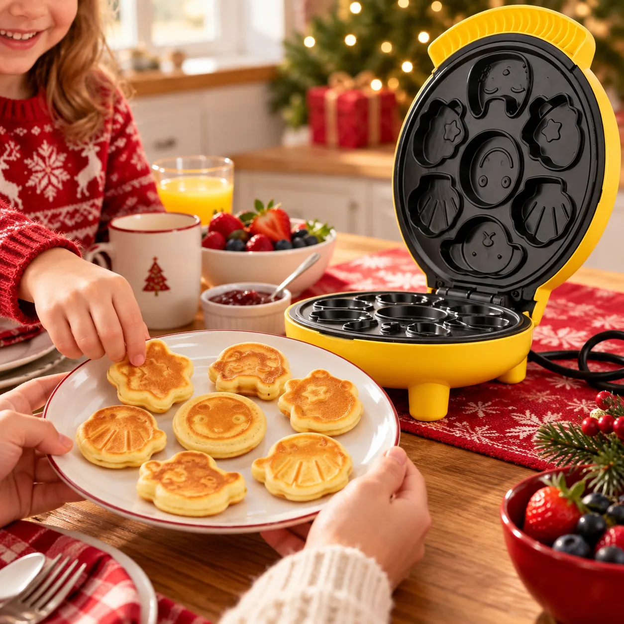 Family serving mini pancakes at a Christmas brunch table