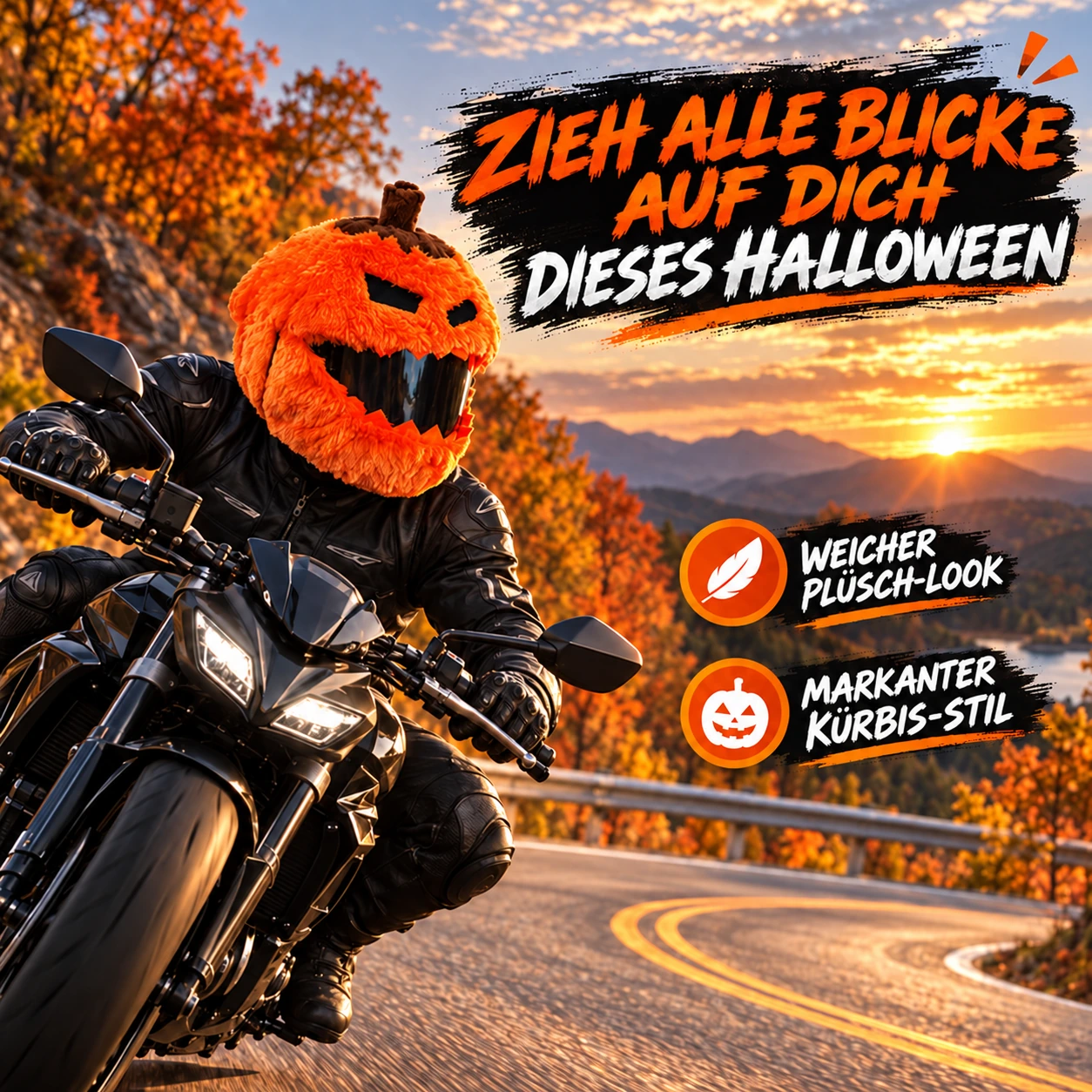 Fahrer trägt den Plüsch-Motorradhelmbezug im Kürbis-Stil auf einer Herbststraße