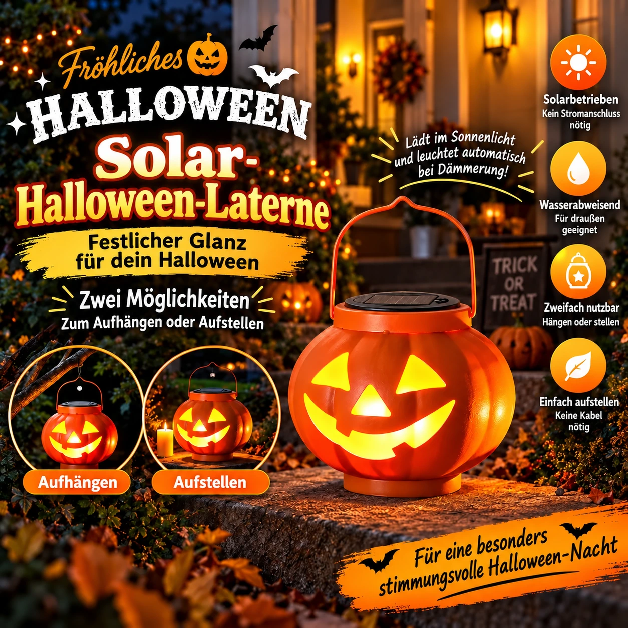 Solarbetriebene Halloween-Kürbislaterne