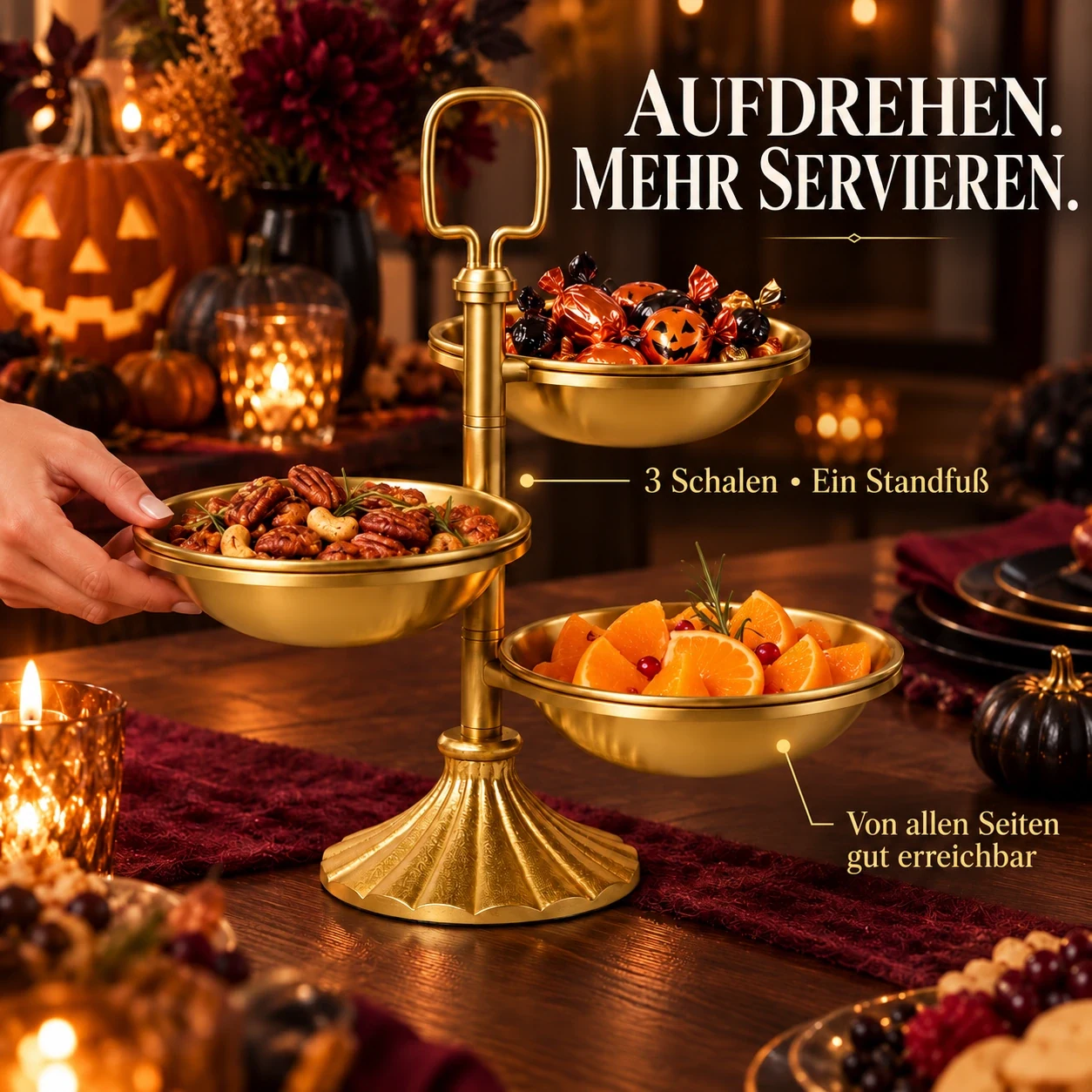 Vintage-Servierständer mit 3 schwenkbaren Schalen in Messingoptik