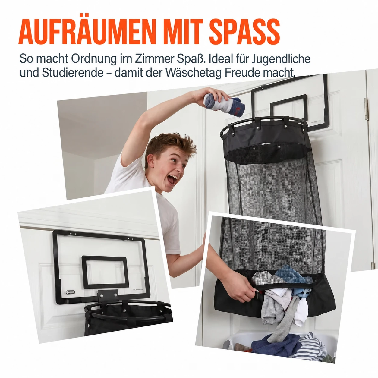 Weihnachtlicher Wäschekorb mit Basketballkorb zum Einhängen über der Tür