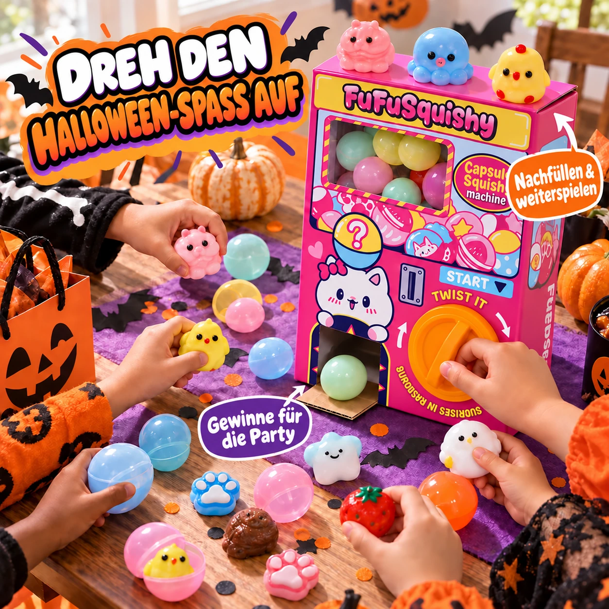 Kinder haben Spaß mit dem Squishy-Kapselautomaten auf einer Halloween-Party