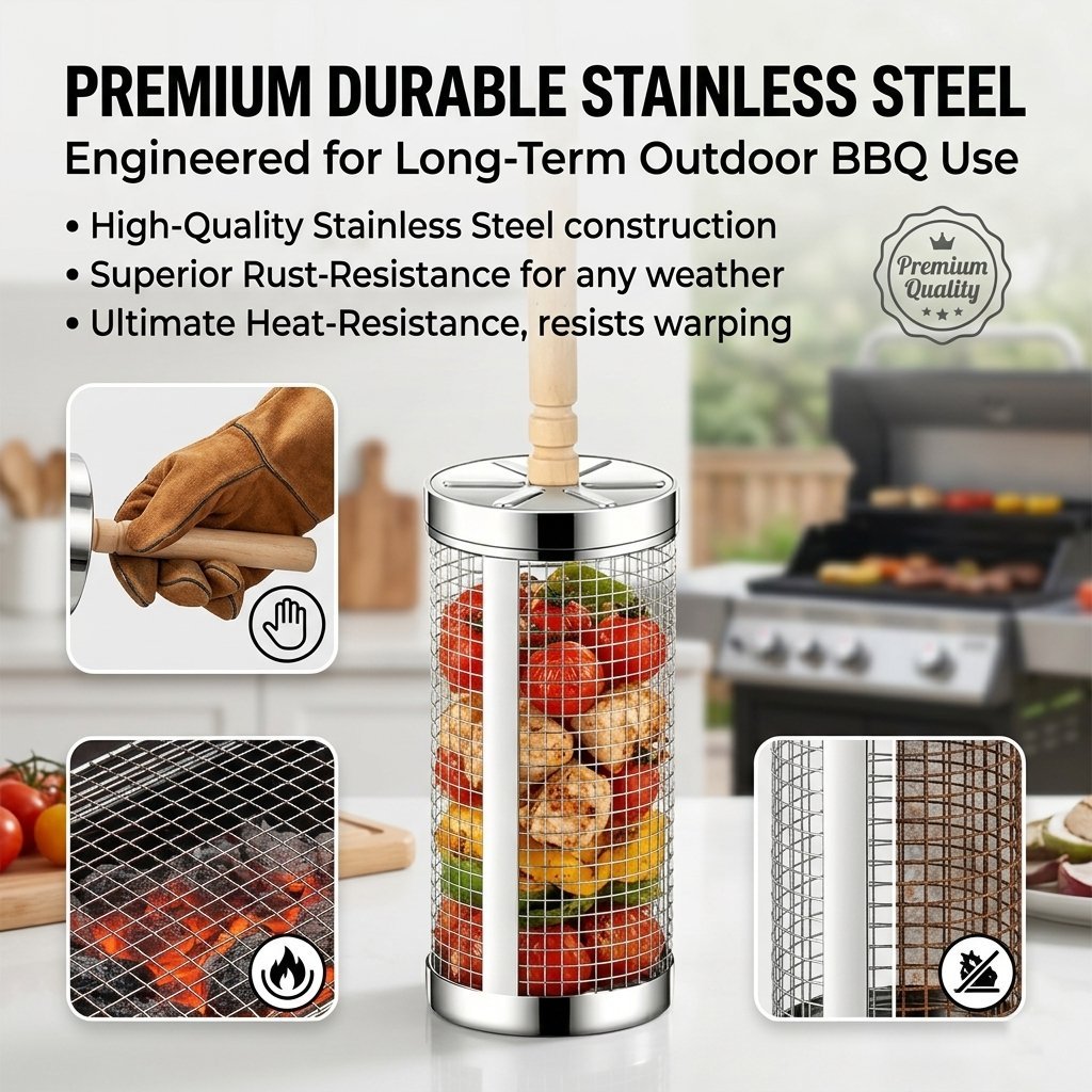 🔥 Stainless Steel Rolling Grill Basket – Effortless 360° Even Cooking
