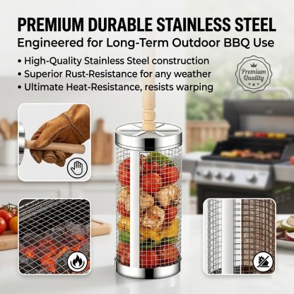 🔥 Stainless Steel Rolling Grill Basket – Effortless 360° Even Cooking