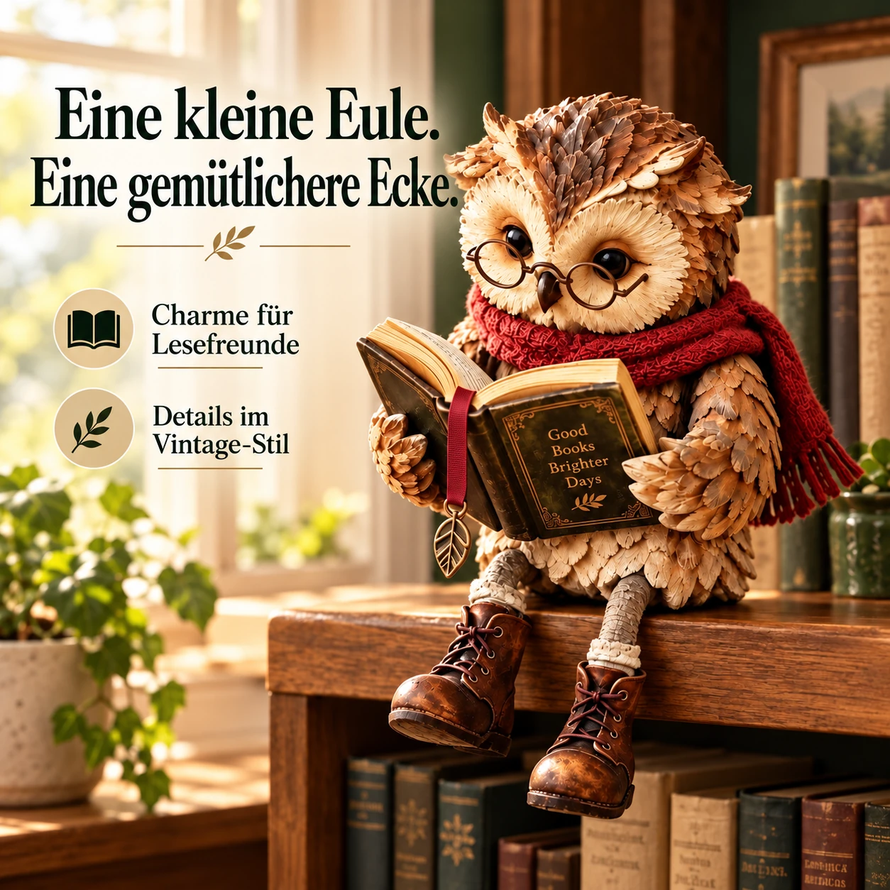 Lesende Eulenfigur für eine gemütliche Leseecke