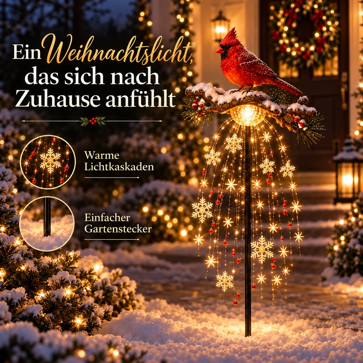 Beleuchteter Weihnachts-Gartenstecker mit Kardinalvogel und Erinnerungsbrunnen