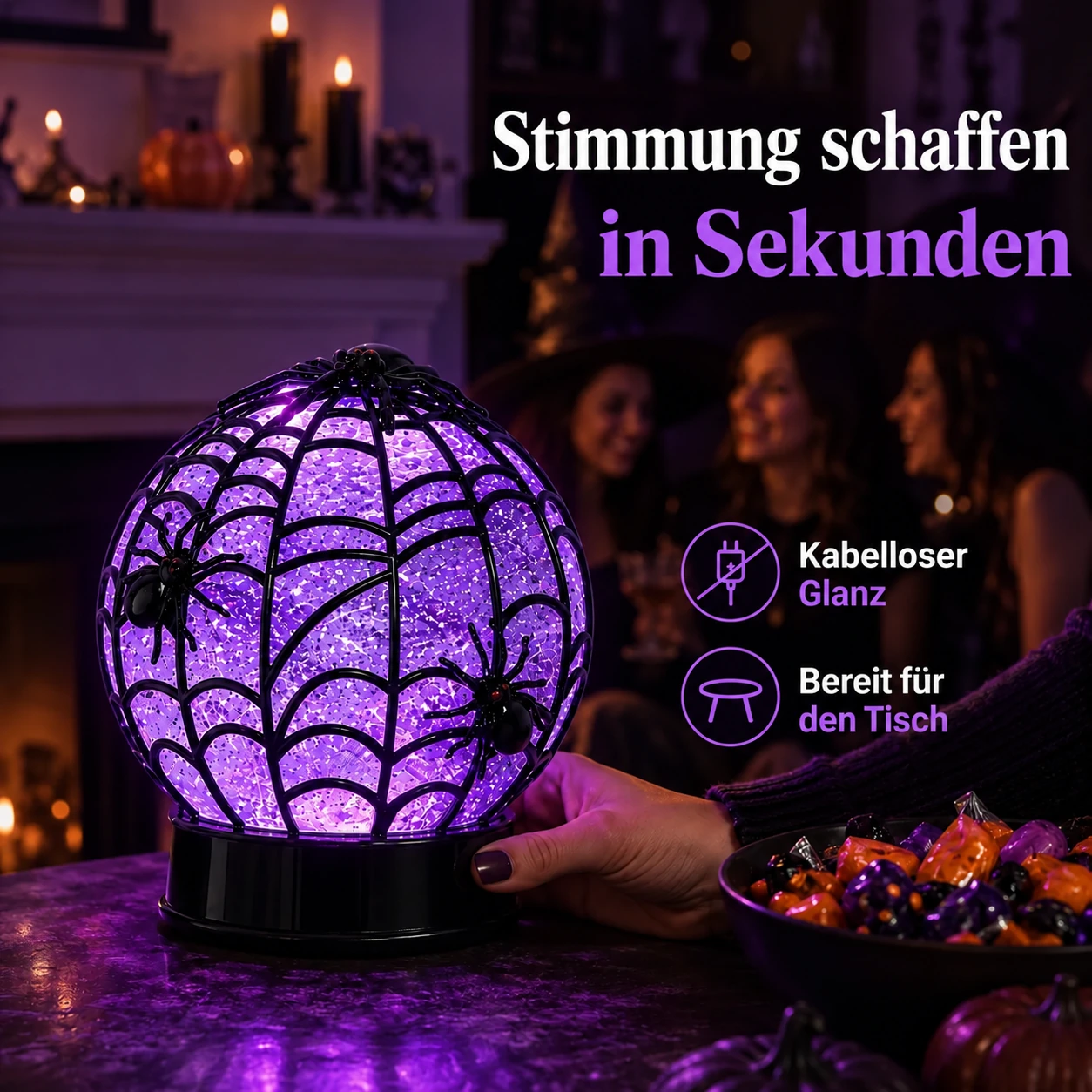 Halloween-Kugelleuchte mit wirbelndem Glitzer und Geistern oder Spinnen