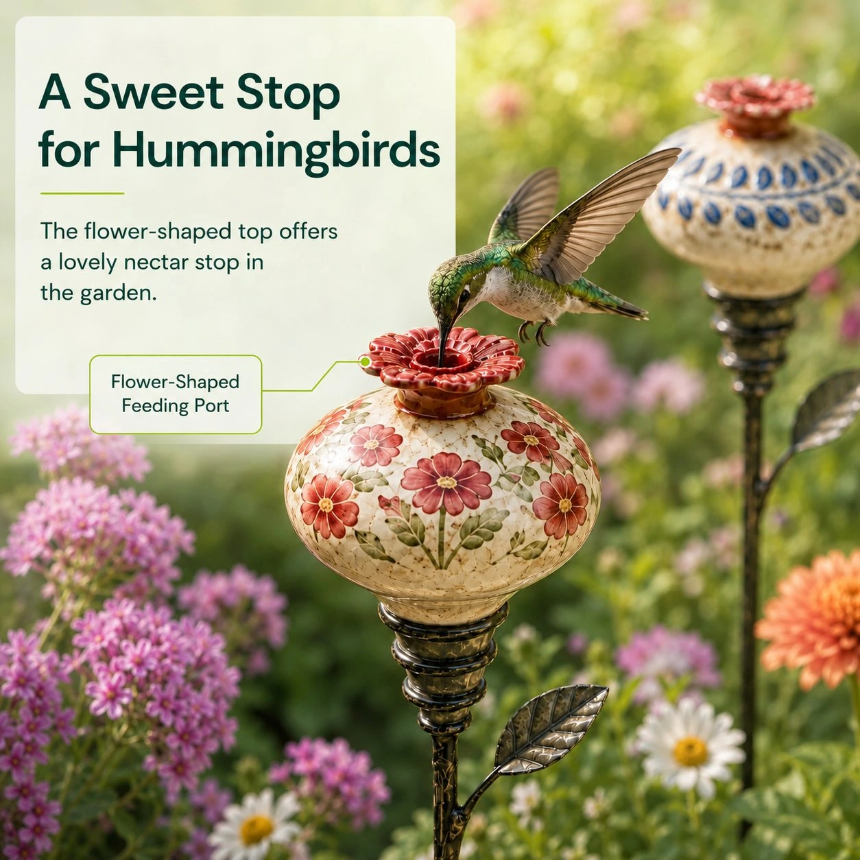Hand-painted ceramic feeder with a sculpted red flower feeding port