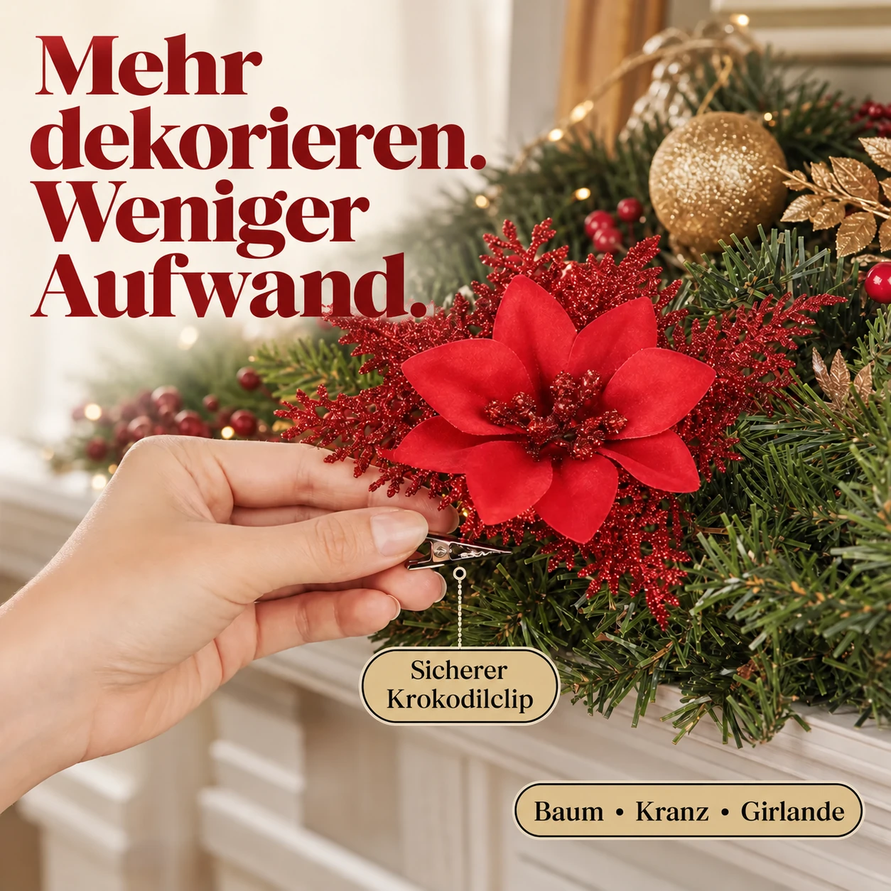 10-teiliges Set roter Glitzer-Weihnachtsstern-Clips für Weihnachtsdekoration