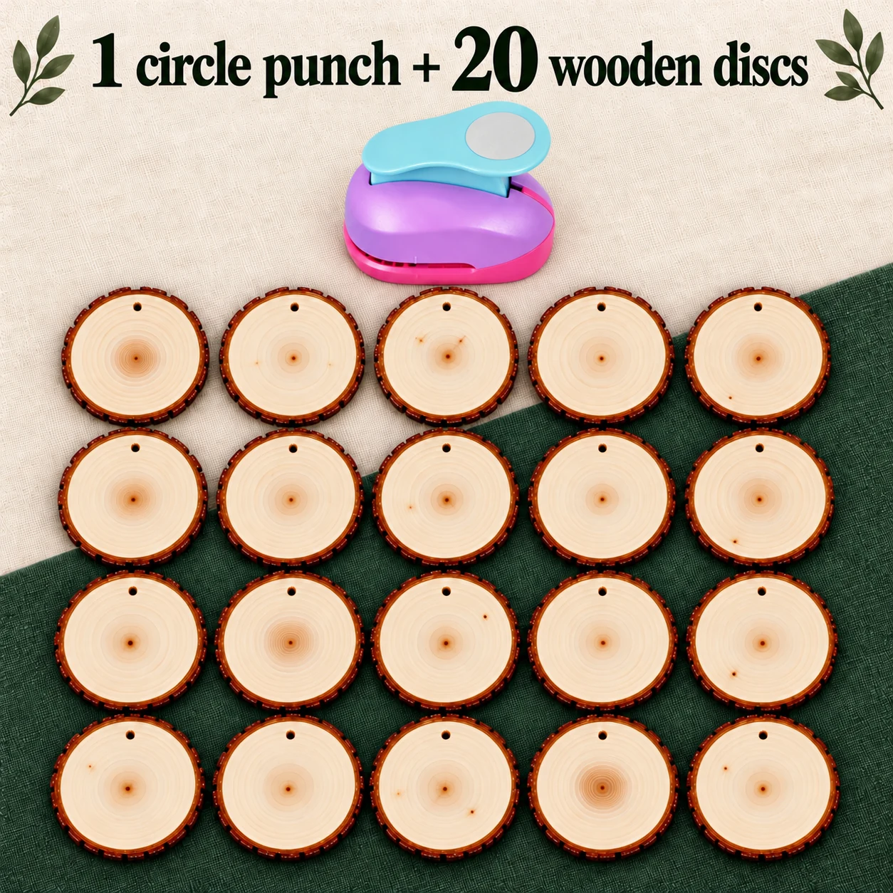 Set with one circle punch and 20 individually displayed wooden discs