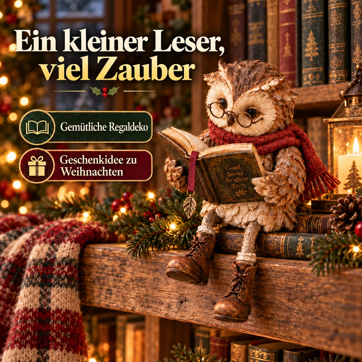 Lesende Weihnachts-Eulenfigur | Märchenhafte Regaldeko