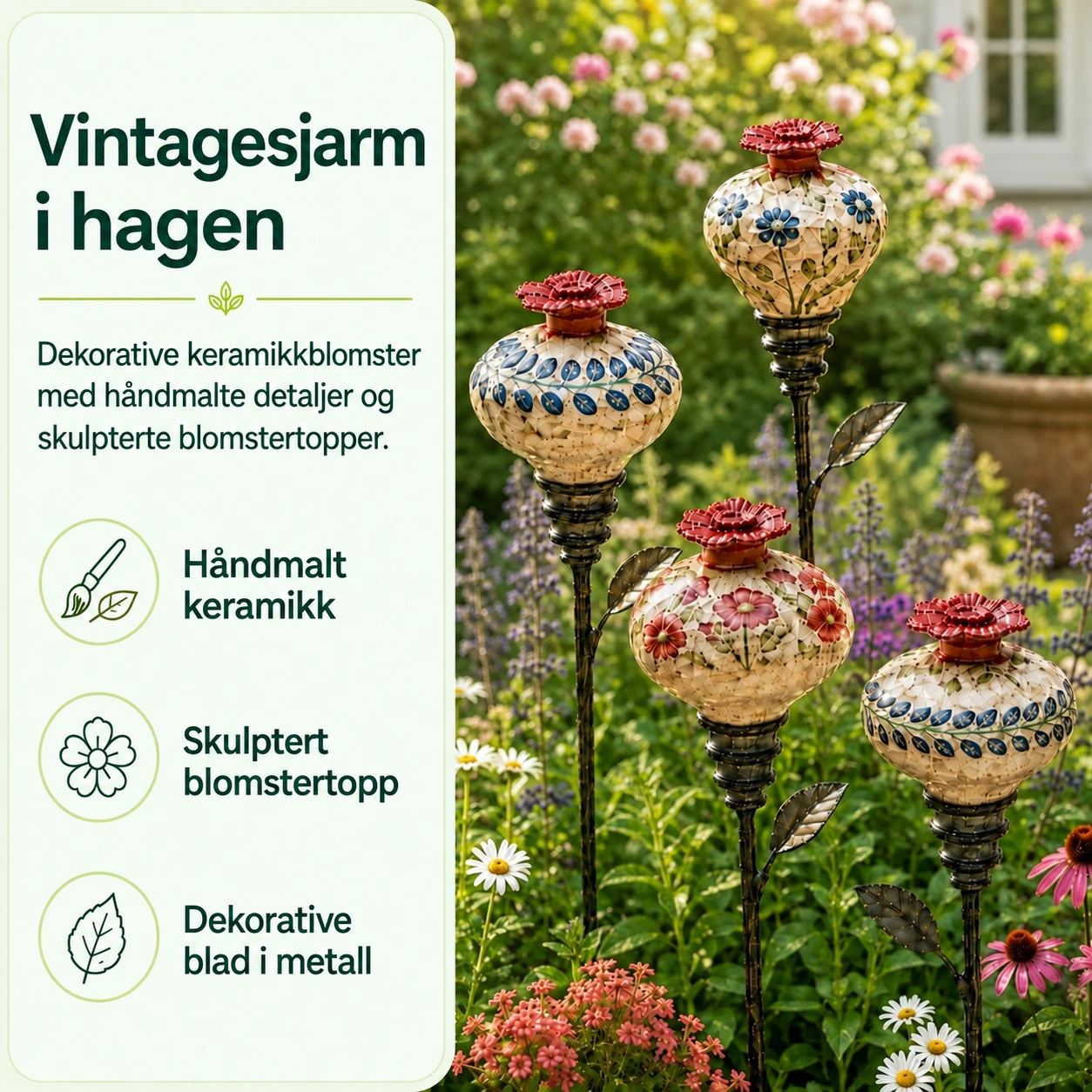 Håndmalt kolibrimater i keramikk på hagepinne