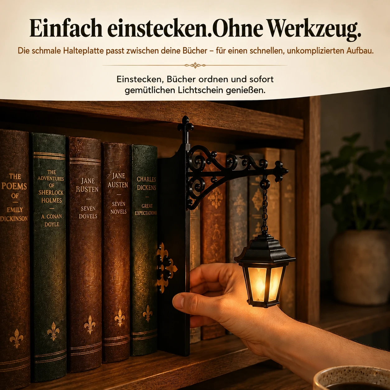 Verzauberte Bücherregal-Einsteckleuchte – Vintage-Laterne oder lesender Geist