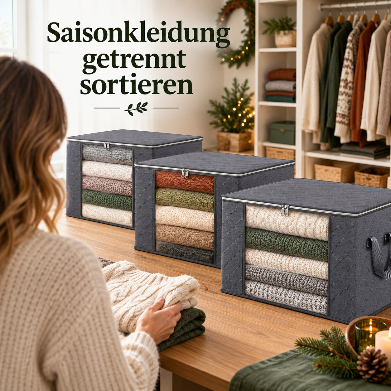 Saisonkleidung in grauen Aufbewahrungstaschen sortieren