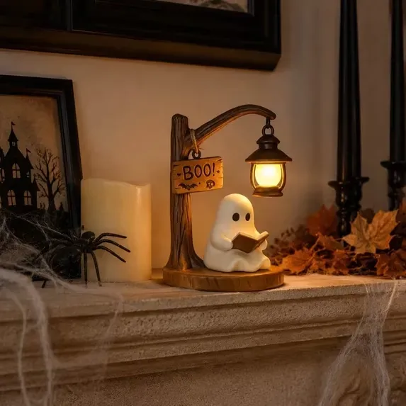 Cozy Ghost Reading Lantern Halloween Tabletop Decor