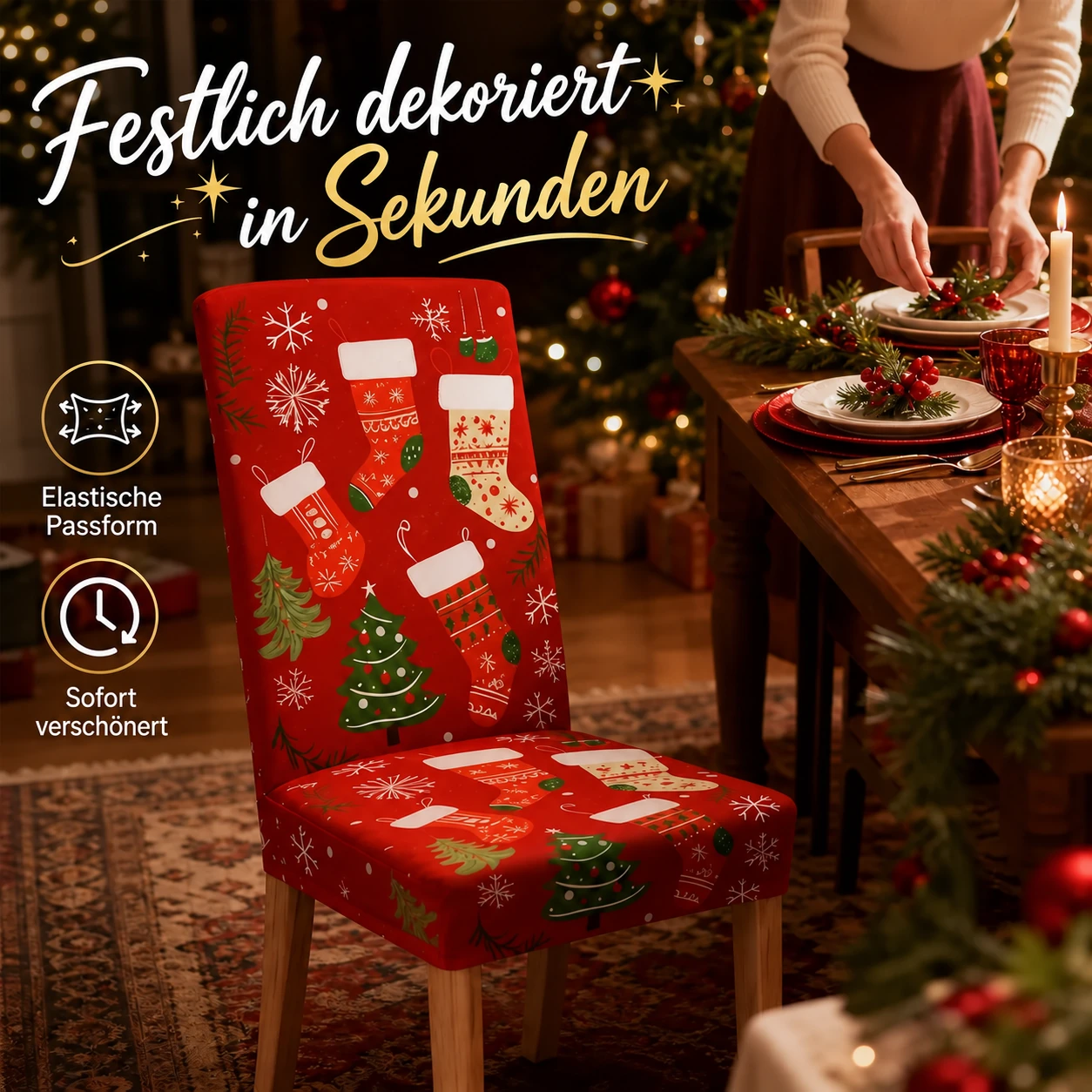 Elastische Weihnachtsbezüge für Esszimmerstühle