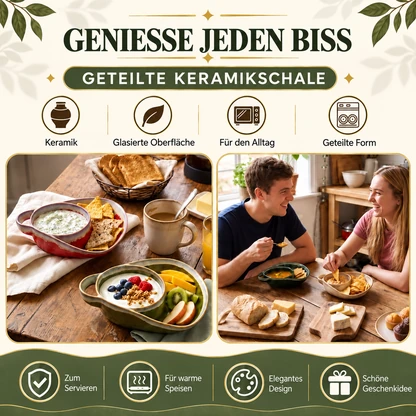 Handgefertigte Keramik-Servierschale mit Unterteilung und Seitengriff