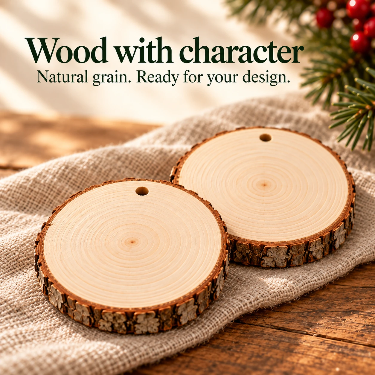 Close-up of natural wooden disc bases with bark edges, growth rings and hanging holes