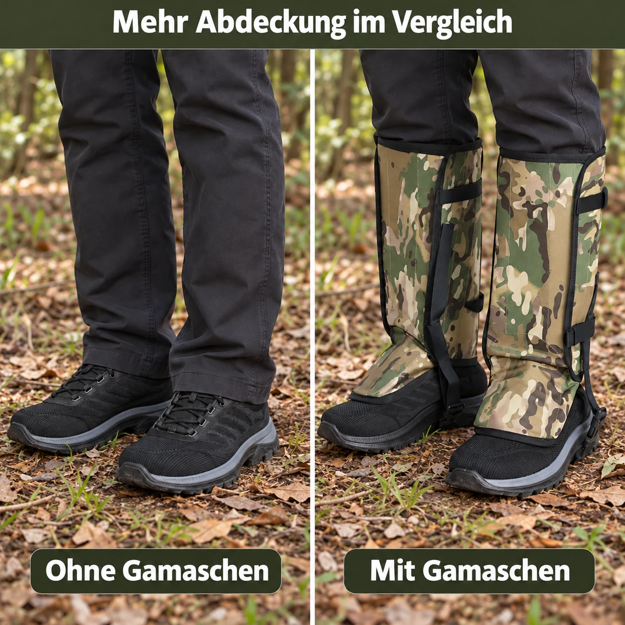 Dieselbe dunkle Hose und dieselben Wanderschuhe ohne Gamaschen und mit Gamaschen in Tarnmuster