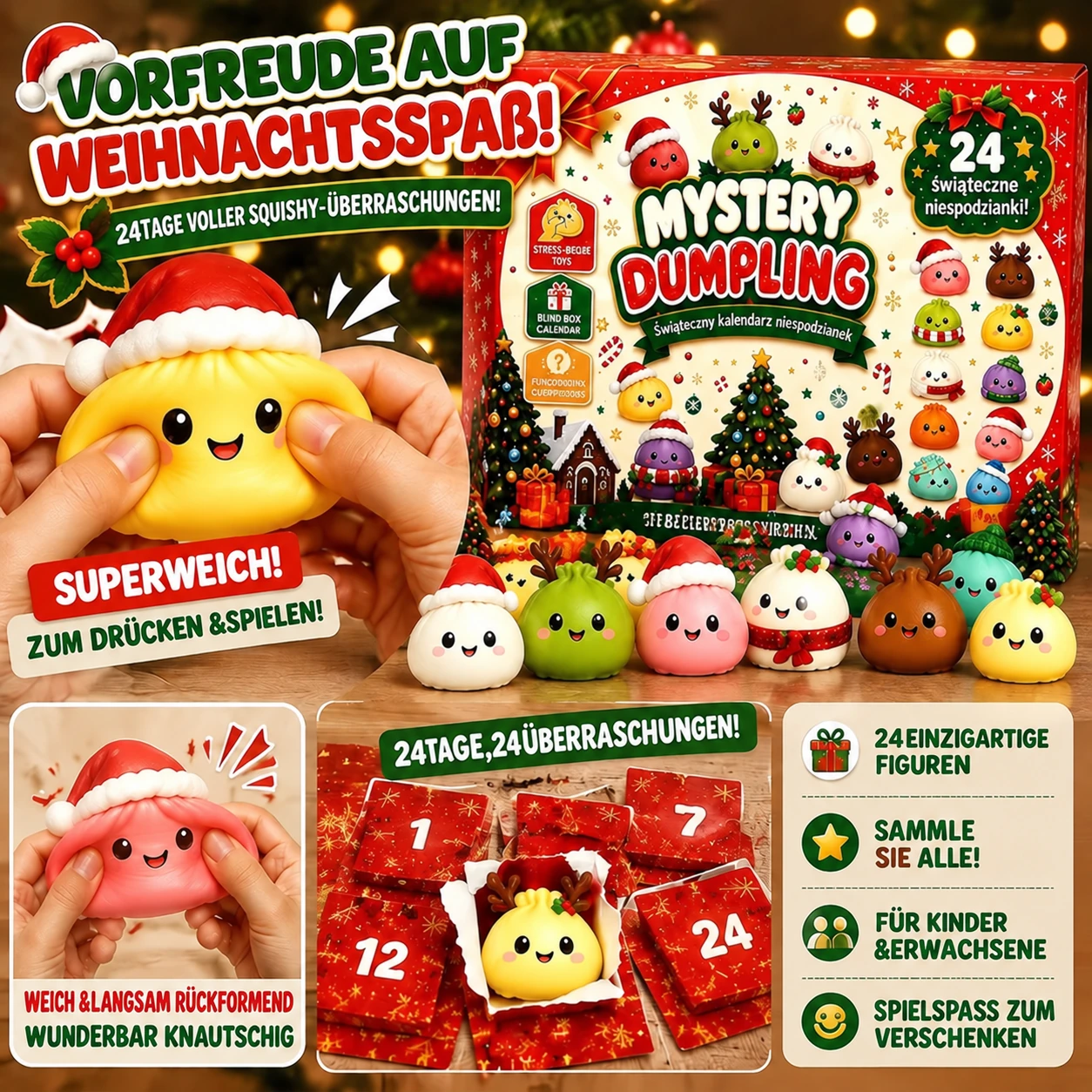 24-Tage-Weihnachts-Adventskalender mit Überraschungs-Squishy-Teigtaschen