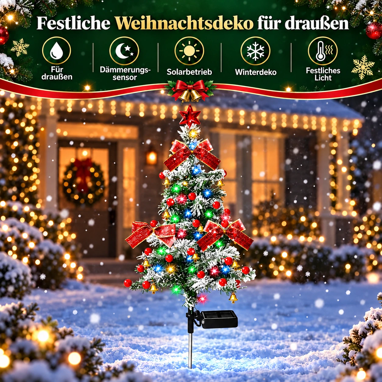 Solar-Gartenstecker mit verschneitem Weihnachtsbaum und bunten LEDs