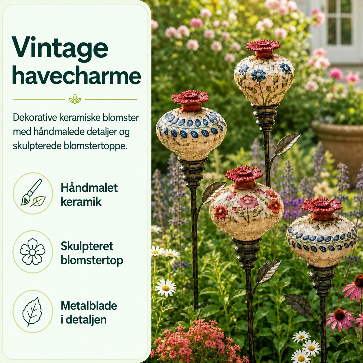 Håndmalet kolibrifoderstation i keramik på havepind