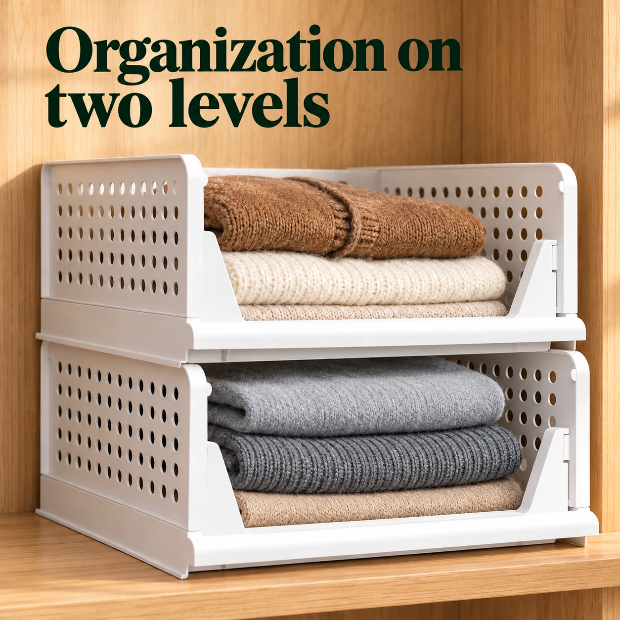Two white clothing storage baskets stacked in a wooden shelving unit
