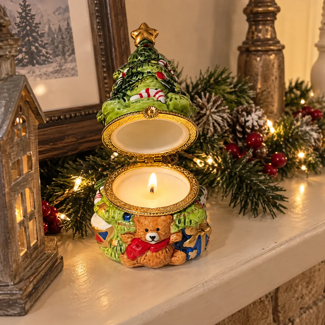 Green Christmas tree candle on a holiday mantel