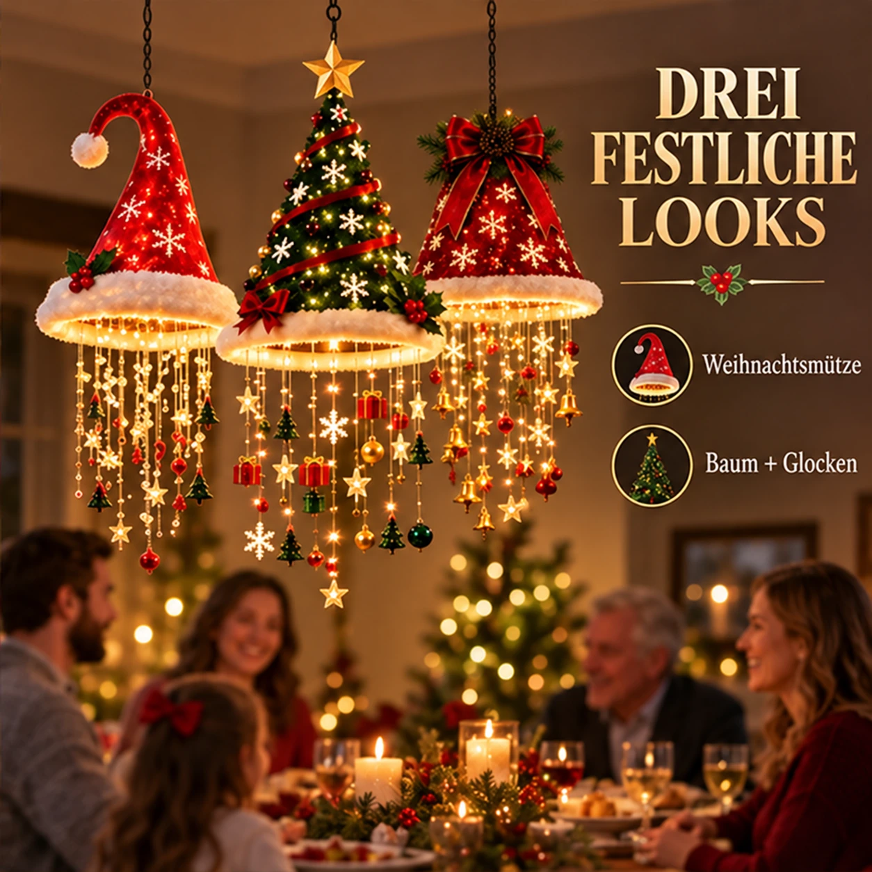 Beleuchteter Weihnachts-Hängeleuchter – Weihnachtsmütze, Baum und Glocken