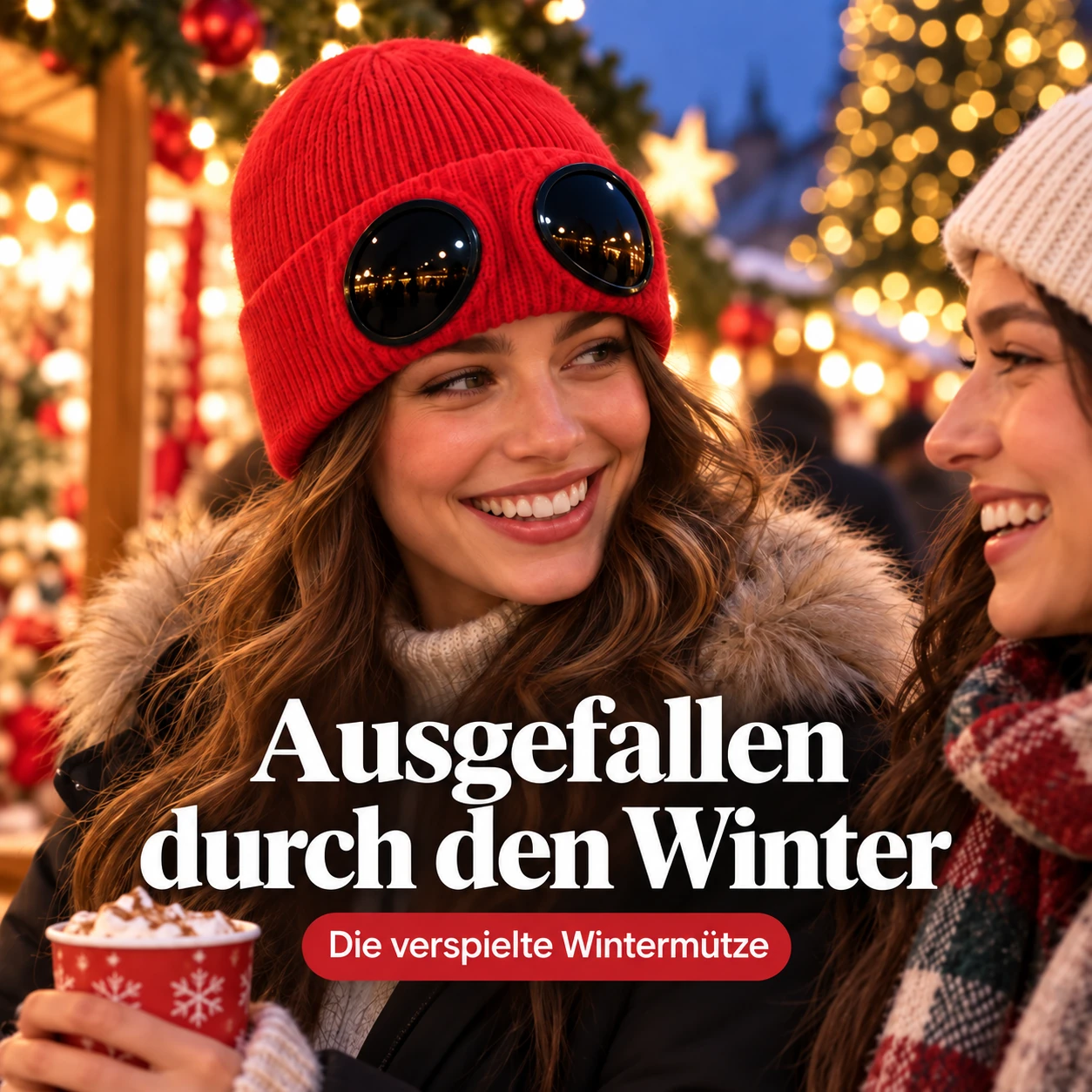 Strickmütze mit Fliegerbrillenmotiv | Verspieltes Wintergeschenk