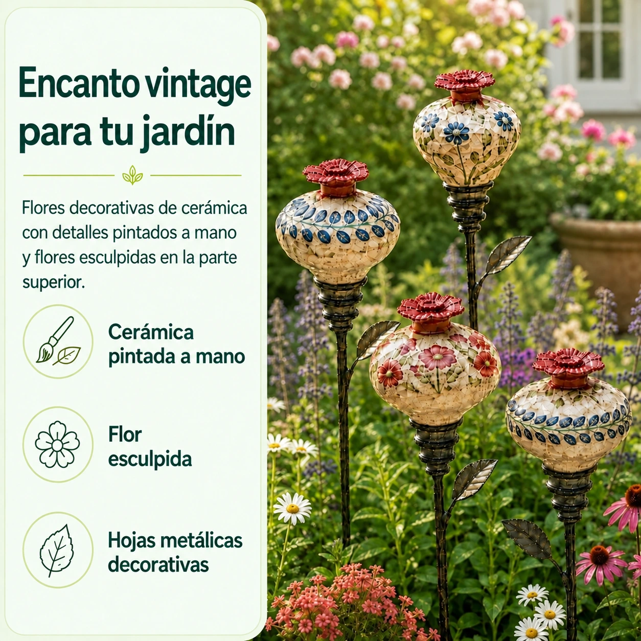 Bebedero para colibríes de cerámica pintada a mano con estaca