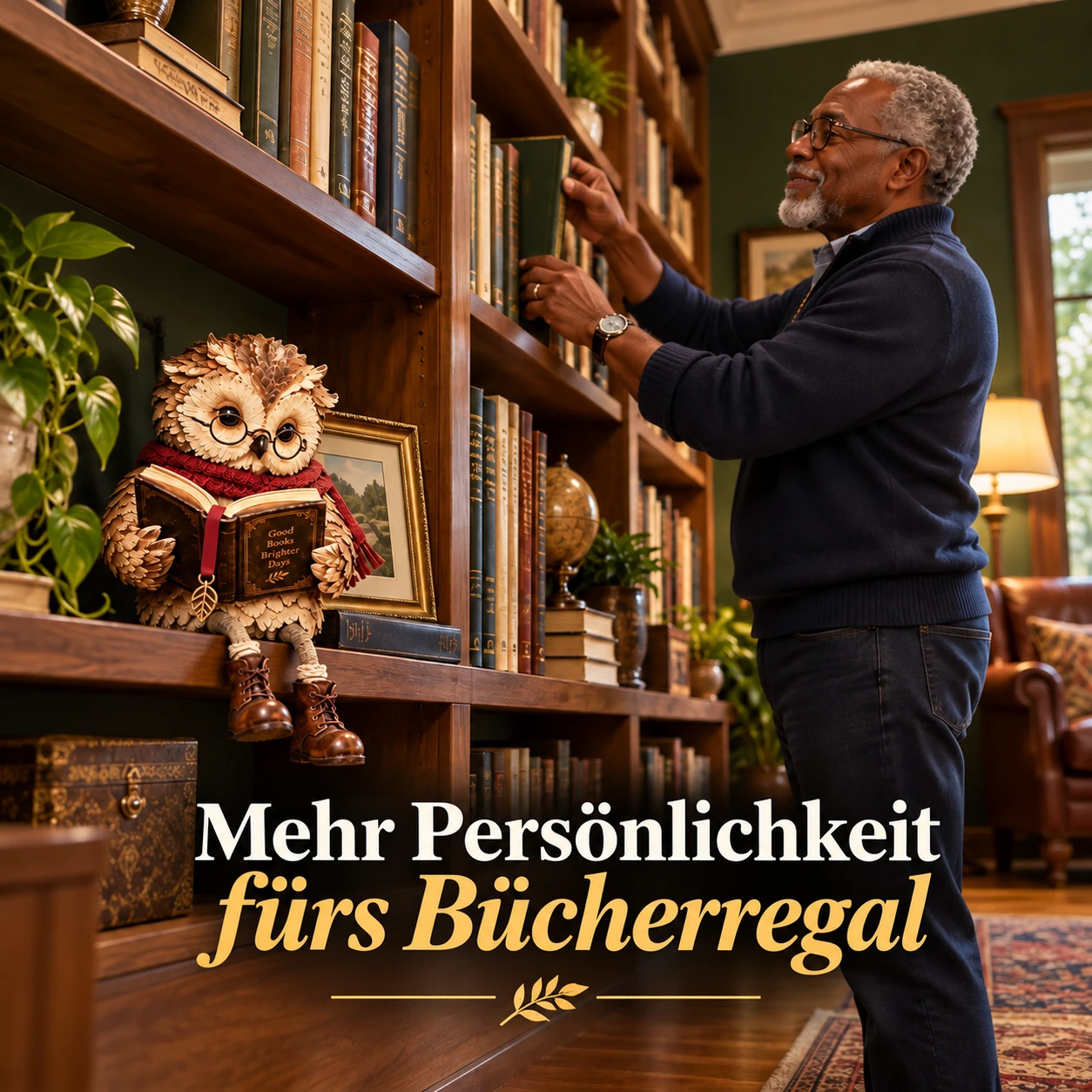 Lesende Eulenfigur für eine gemütliche Leseecke