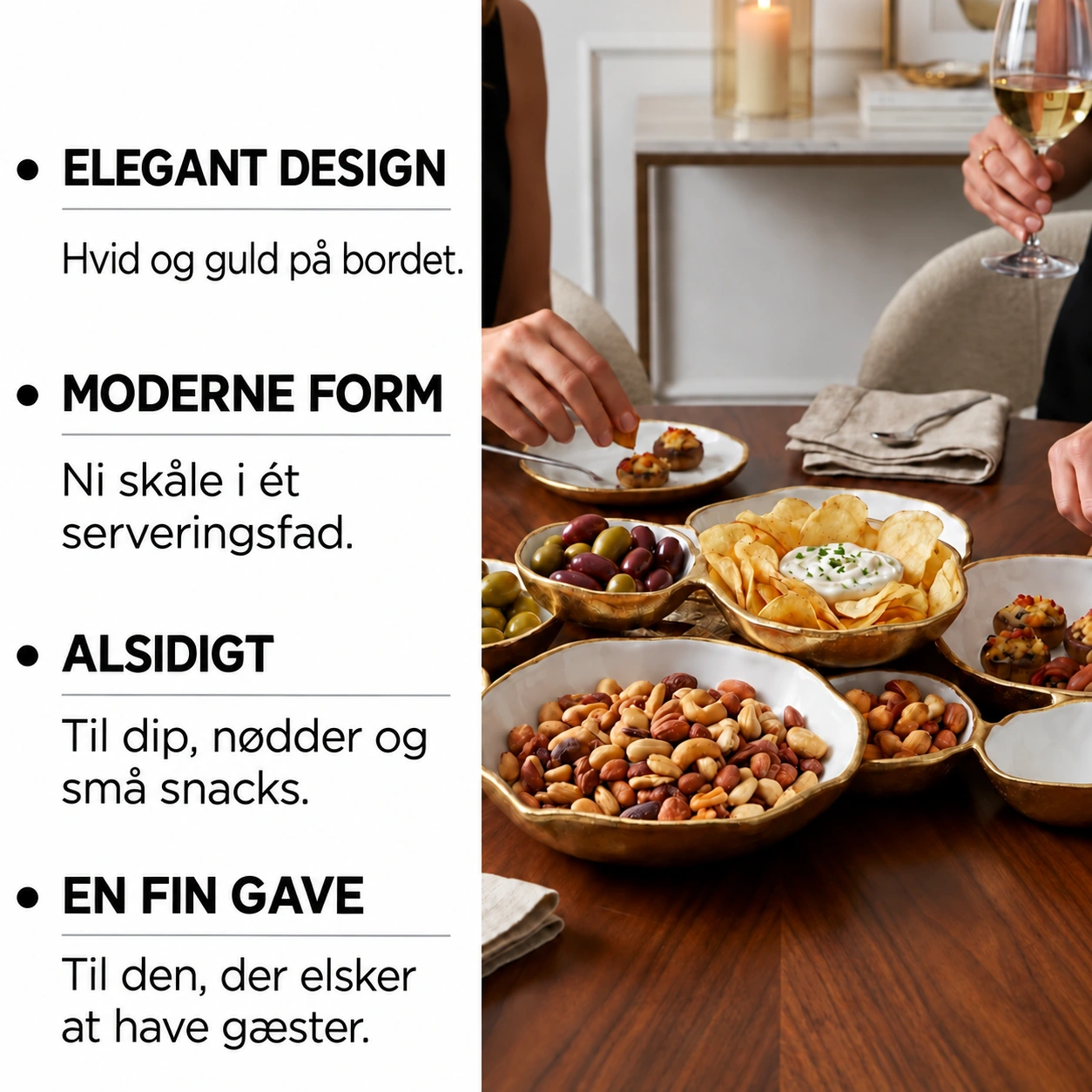 Golden Gathering – serveringsfad med 9 skåle | Hvid &amp; guld