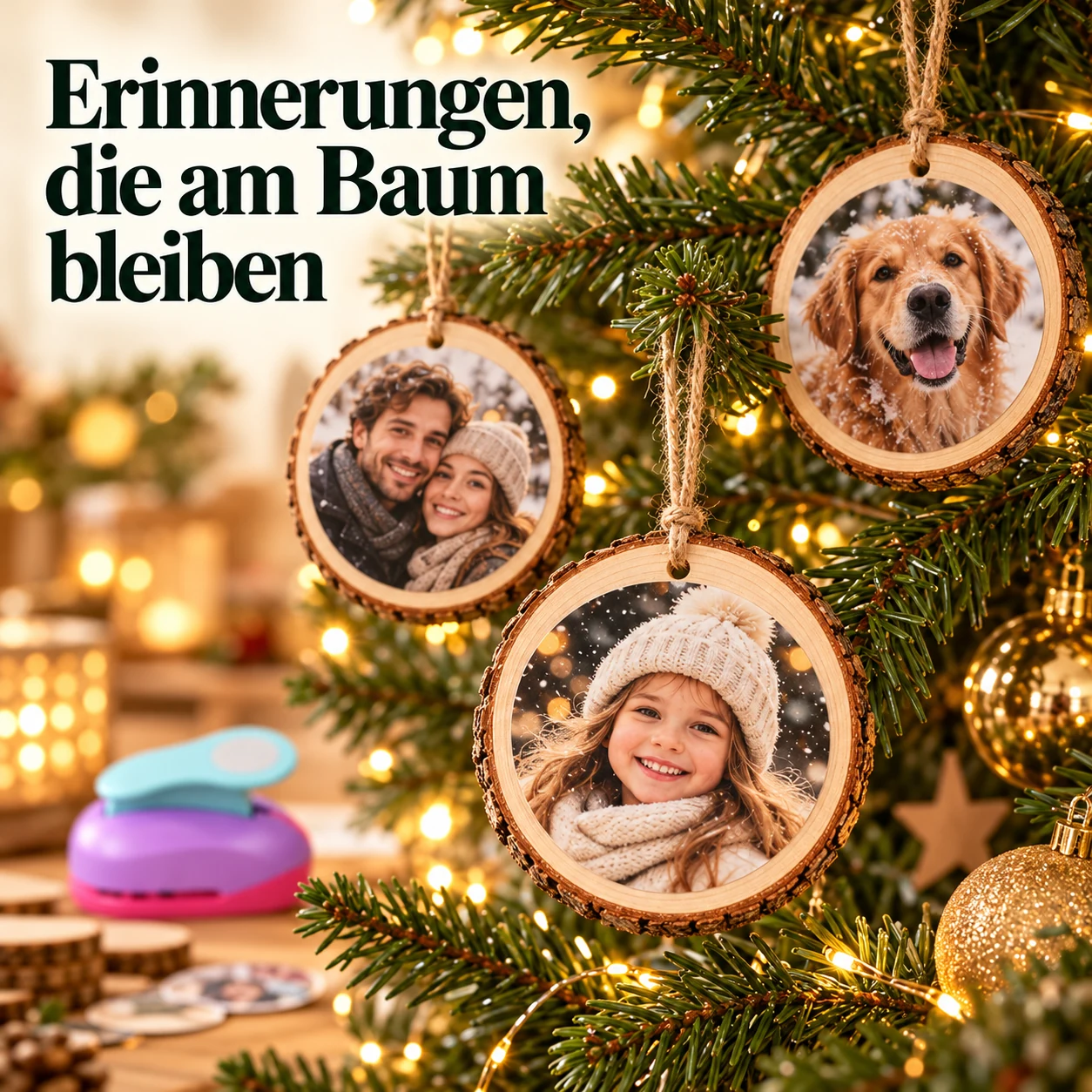 Runde Fotomotive auf Holzscheiben, mit Schnur als persönliche Anhänger am Weihnachtsbaum