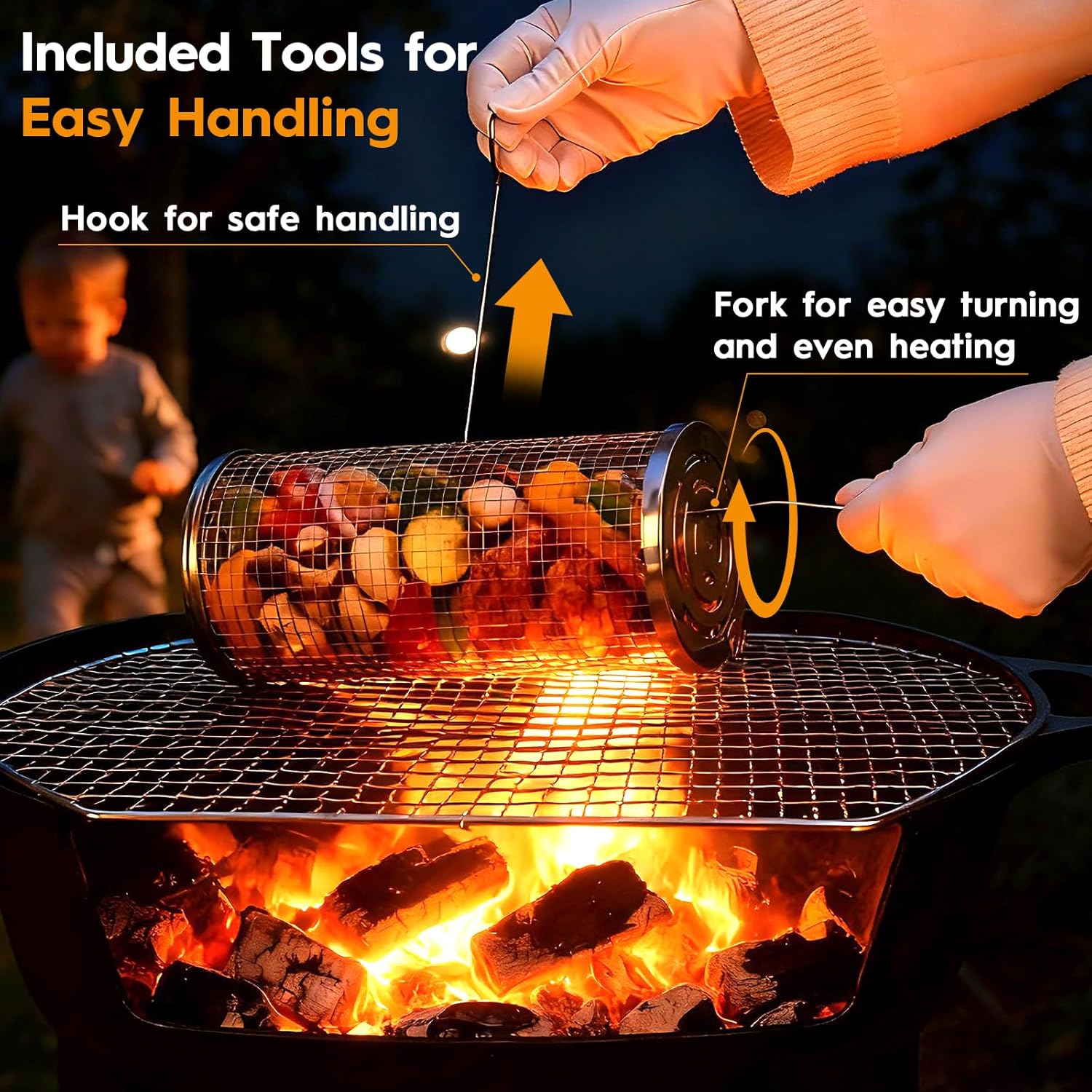 🔥 Stainless Steel Rolling Grill Basket – Effortless 360° Even Cooking