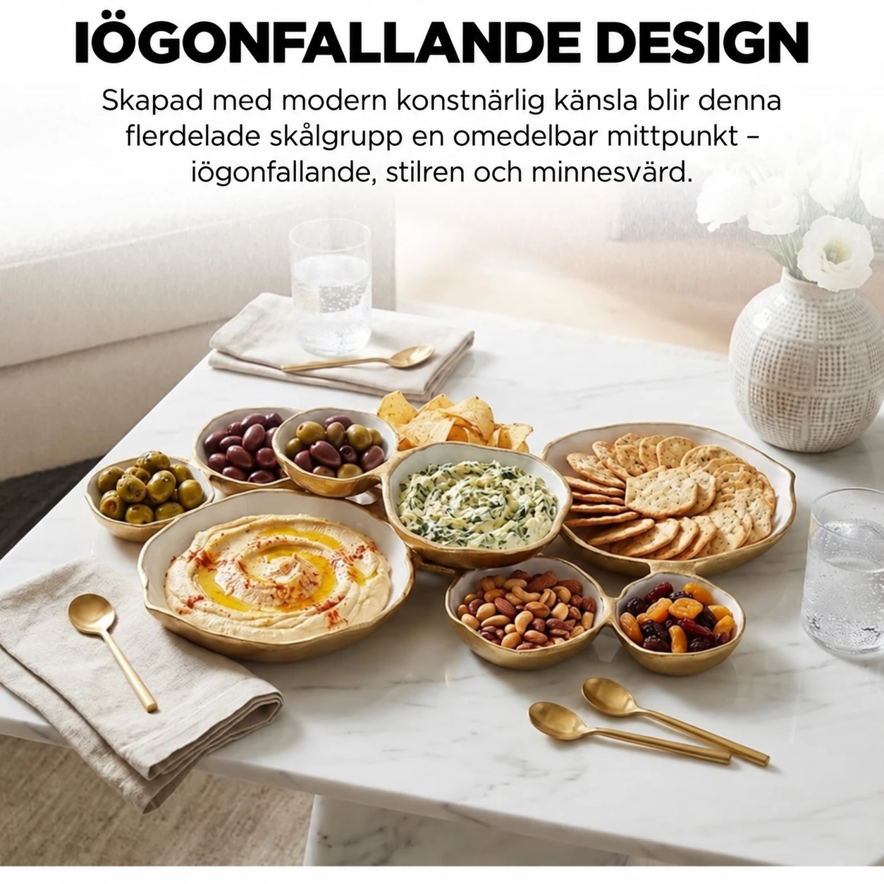 Golden Gathering – serveringsfat med 9 skålar | Vitt &amp; guld