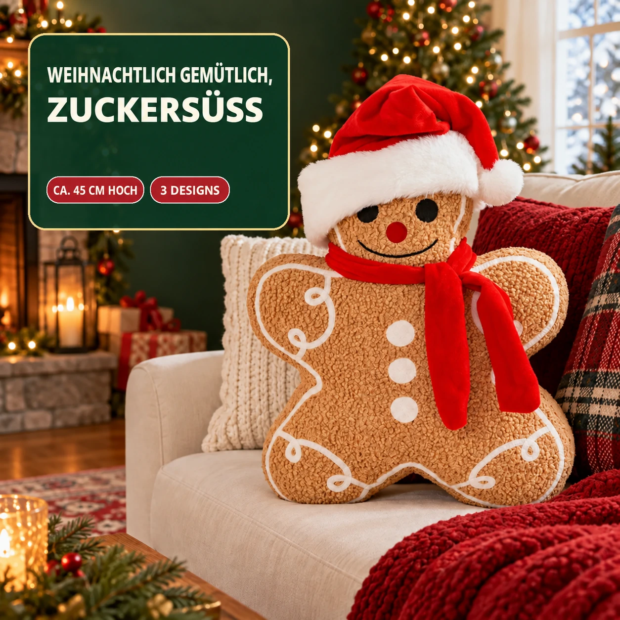 Weihnachtliches Lebkuchenmann-Kissen – 17,7 Zoll
