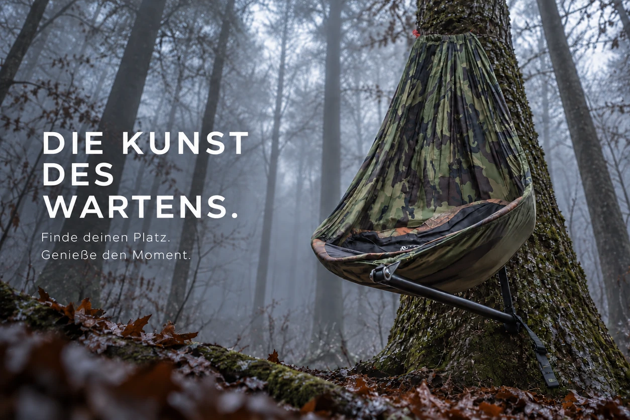 Tarnfarbener Baumsitz in einem nebligen Wald