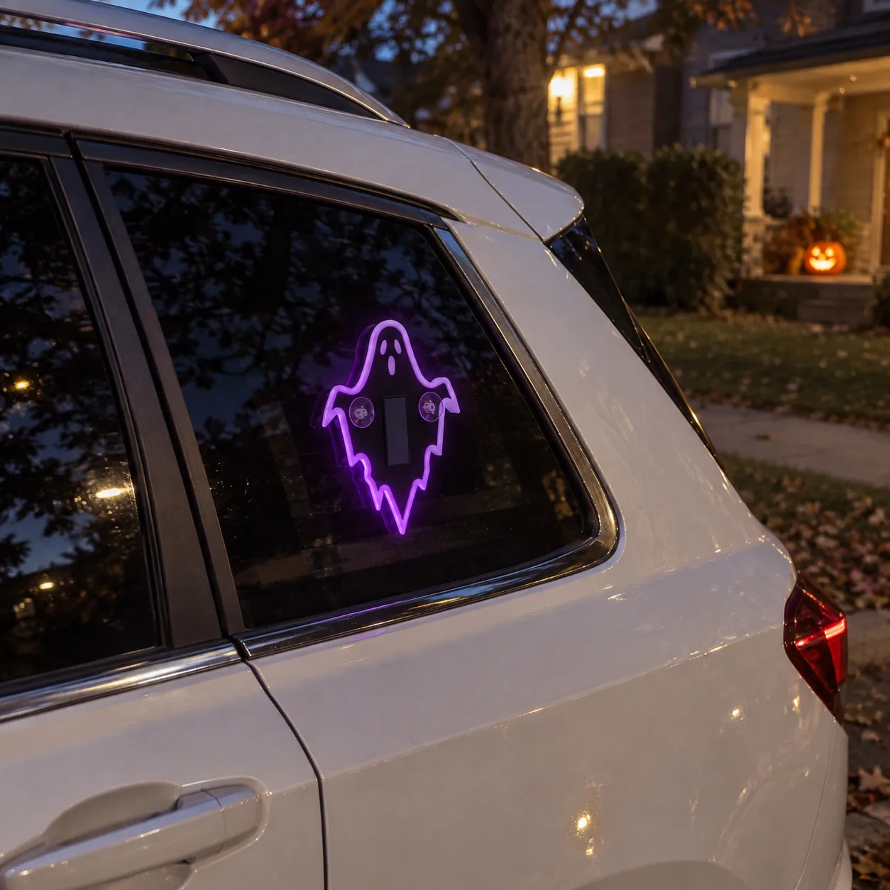 Purple ghost light on a parked SUV window at dusk