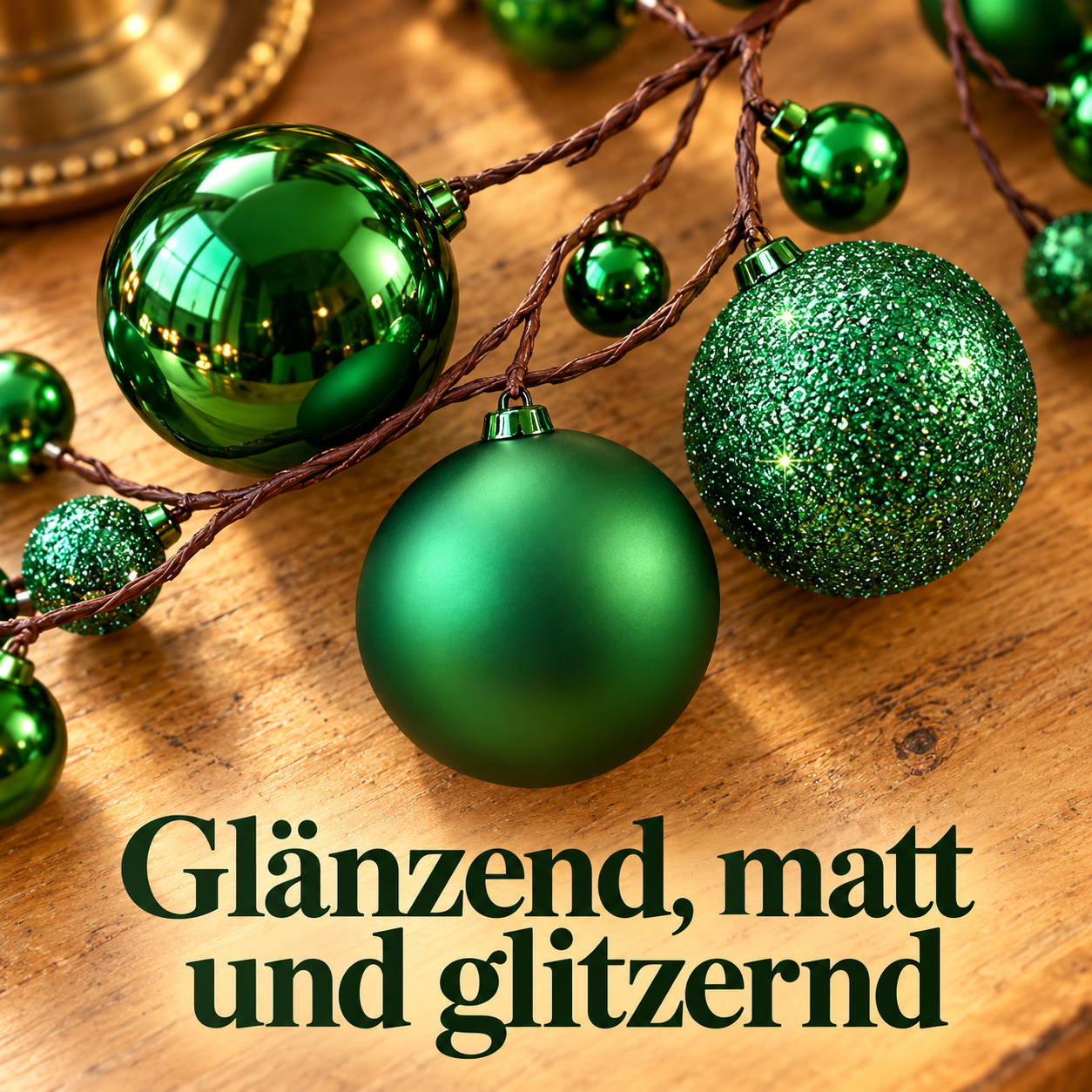 Nahansicht glänzender, matter und glitzernder grüner Kugeln an braunen Zweigen