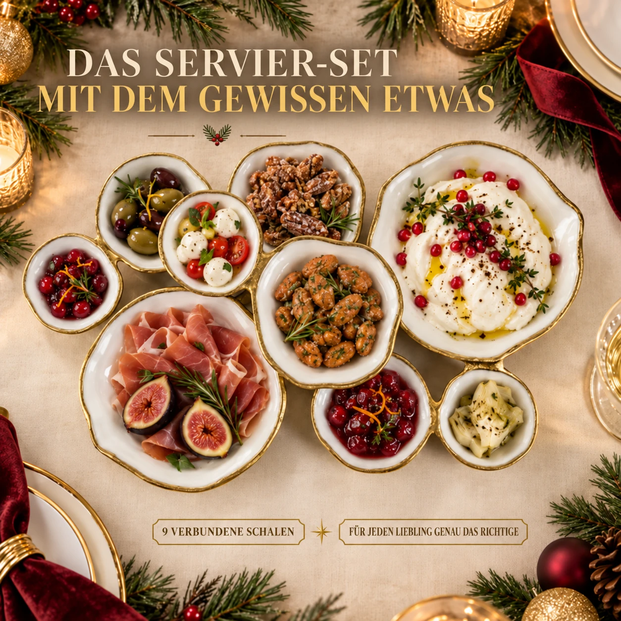 Golden Gathering – Servierplatte mit 9 Schalen | Weiß &amp; Gold