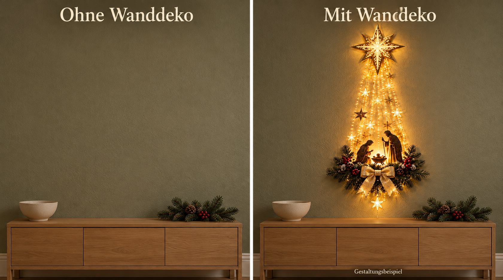 Gleicher Raum ohne Wanddeko und mit leuchtender Krippen-Wanddeko als Gestaltungsbeispiel