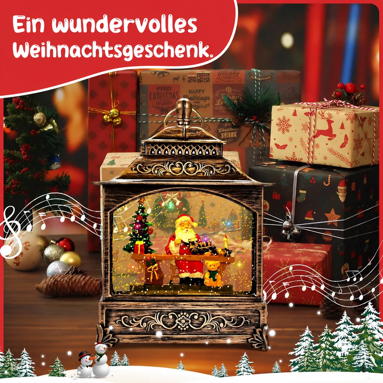 Musikalische Weihnachtslaterne mit wirbelndem Schnee