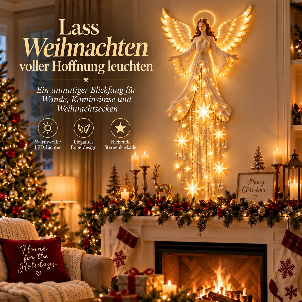 Engel-Sternenfall-Wandleuchte neben einem weihnachtlichen Kamin