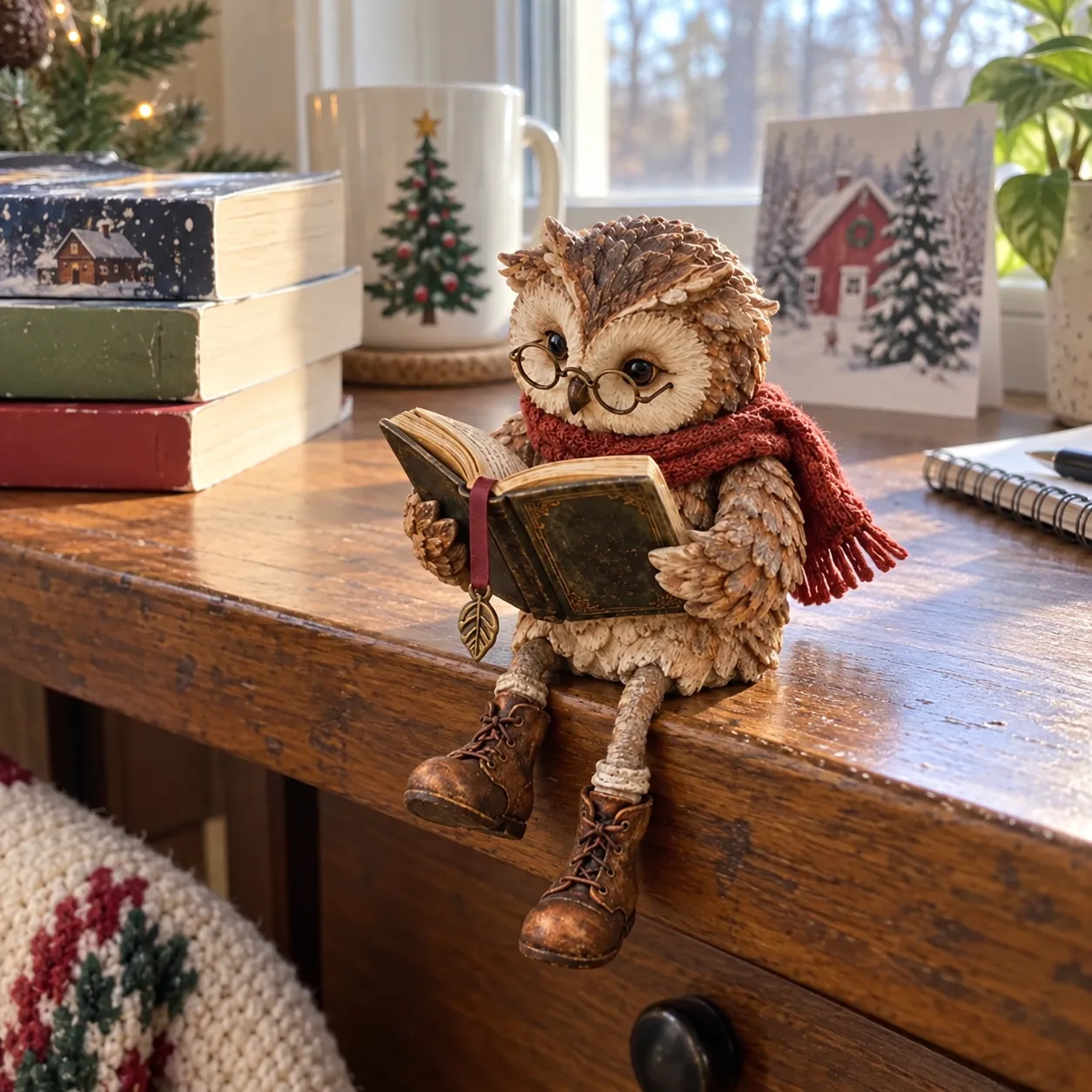 Reading owl on a desk beside books